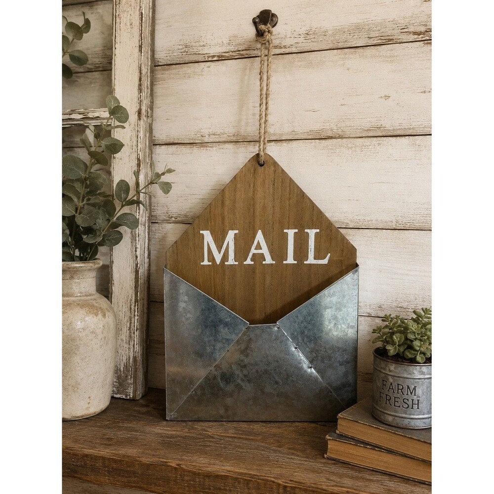 Farmhouse Wall Mail Organizer Wood Metal Envelope Holder Rustic Decor Storage